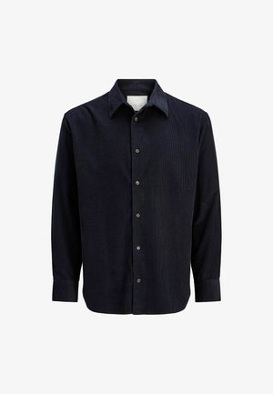 Mørk marineblå kordfløyels skjorte med lange ermer, knapper og krage, vist flatt mot en hvit bakgrunn.