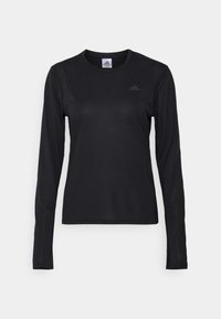 Schwarzes Langarm-Sportshirt aus leichtem, strukturiertem Stoff. Verfügt über einen runden Halsauschnitt und dezente Markenkennzeichnung auf der Brust.