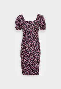 Czarna dopasowana sukienka z krótkimi bufkami, z kwiatowym motywem w różowe i zielone kwiaty. Kwadratowy dekolt, długość do kolan.