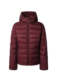 Bordeaux pufferjack met een capuchon, voorzien van een ritsluiting, gequilte textuur en elastische manchetten voor warmte en comfort.