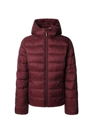 Burgundy puffer jacket with a hood, featuring a zip closure, quilted texture, and elastic cuffs for warmth and comfort.