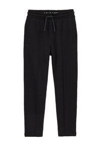 Svarta smala joggingbyxor med elastisk midja, dragsko, sidofickor och vertikala sömdetaljer fram och bak.