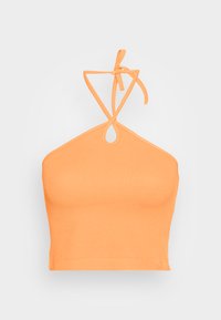 Top halter cropped com textura, em laranja brilhante, com alças ajustáveis e um detalhe em recorte no decote. Feito em tecido macio.