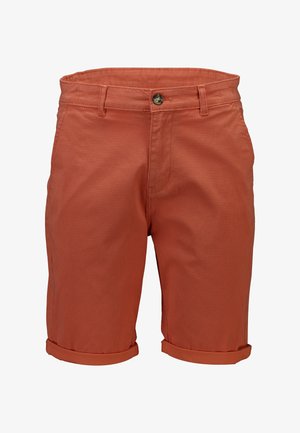 Shorts pour hommes de couleur rouille avec un petit motif perforé, passant de ceinture, fermeture par bouton, et revers roulés.
