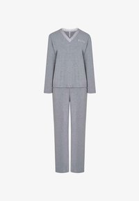 Conjunto de ropa de casa gris que incluye una parte superior de cuello en V de manga larga con un escote en contraste y pantalones a juego, ambos en una suave tela texturizada.