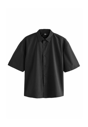 Short-sleeve black button-up shirt with a structured collar, made from textured fabric, featuring six front buttons and a relaxed fit.
