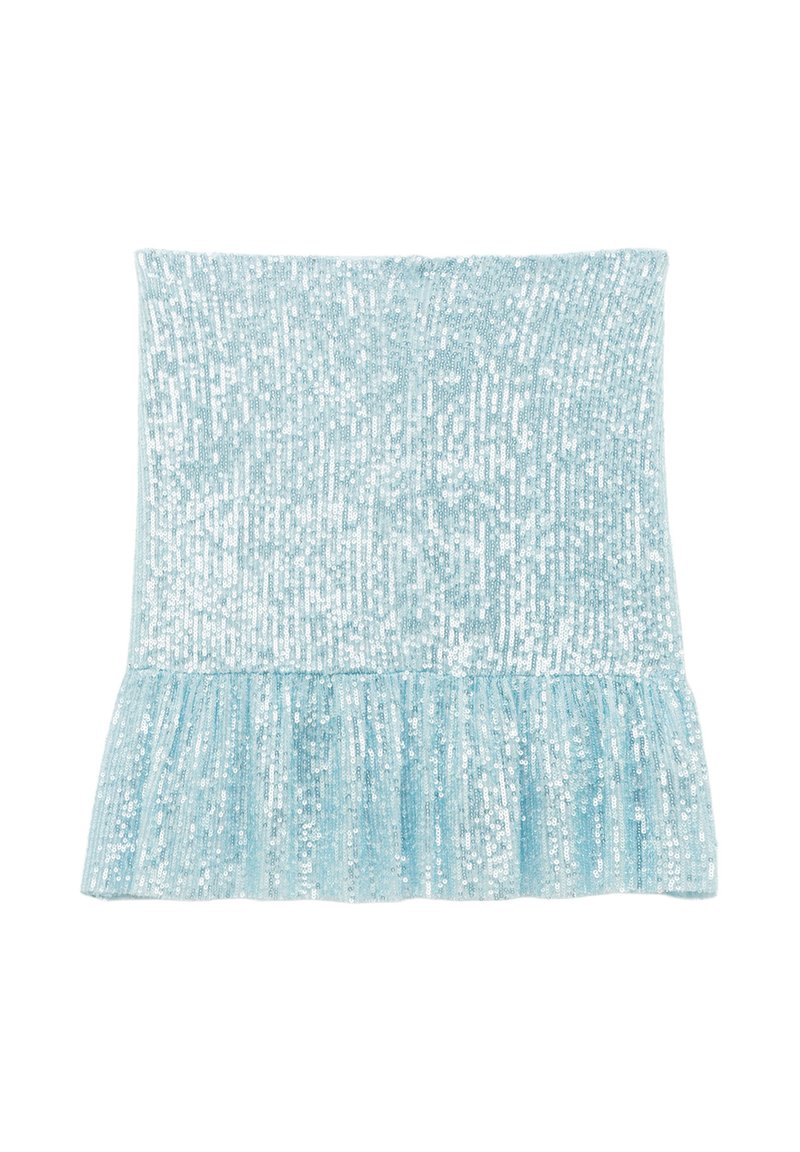 Gonna azzurra con paillettes, dal motivo strutturato, con orlo a flutti e realizzata in un materiale elasticizzato per garantire comfort.