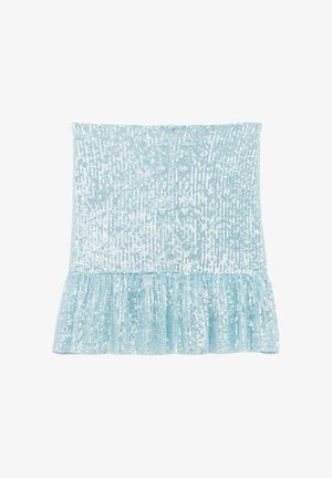 Lichtblauwe minirok met pailletten en een gerimpelde zoom, met dicht op elkaar geplaatste verticale paillettenpatronen voor een glinsterend effect.