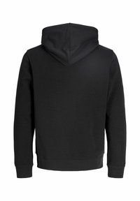 Hoodie noir à manches longues montré de dos, avec une couture courant au centre de la capuche et des poignets et ourlet côtelés.