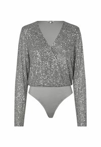 Dlouhý bodysuit s výstřihem do V, s vrstvou stříbrných flitrů a hladkou šedou spodní částí. Hladká textura po celé ploše.