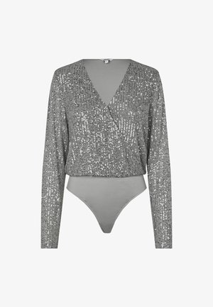 Langdurige bodysuit met een V-hals, voorzien van een zilveren pailletten overlay en een gladde grijze onderkant. Glad oppervlakte overal.