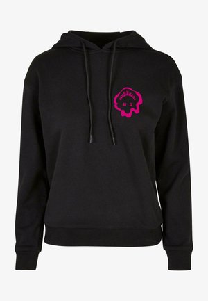 Crna dukserica od mekog materijala, s prednjim džepom, kapuljačom na vezanje i ružičastim grafičkim dizajnom na lijevom dijelu prsnog koša.