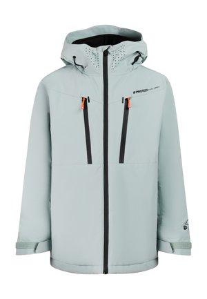 Veste à capuche gris clair avec fermetures éclair noires, tirettes orange, sangles de poignet réglables et logo « Protest Pure Green » sur la poitrine.