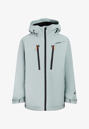 Veste à capuche gris clair avec fermetures éclair noires, tirettes orange, sangles de poignet réglables et logo « Protest Pure Green » sur la poitrine.