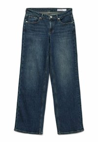 Temno modri široki traper hlače z klasičnim pet-pocket dizajnom, z gumbom za zapiranje in rahlo bledim videzom.