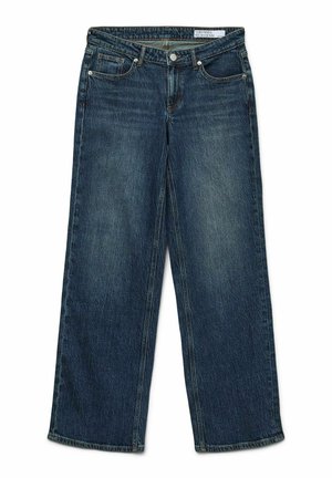 Tumši zilie denim platās bikses ar klasisku piecu kabatu dizainu, izceļoties ar pogu aizdari un nedaudz izbalējušu tekstūru.