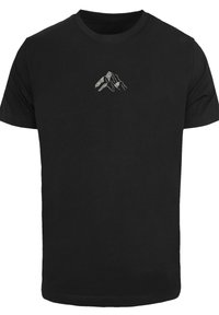 Black cotton t-shirt featuring a silver mountain graphic embroidered on the left chest. Short sleeves and a classic crew neck design.