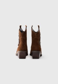 Pair of brown suede ankle boots with block heels shown from the back on a white background.