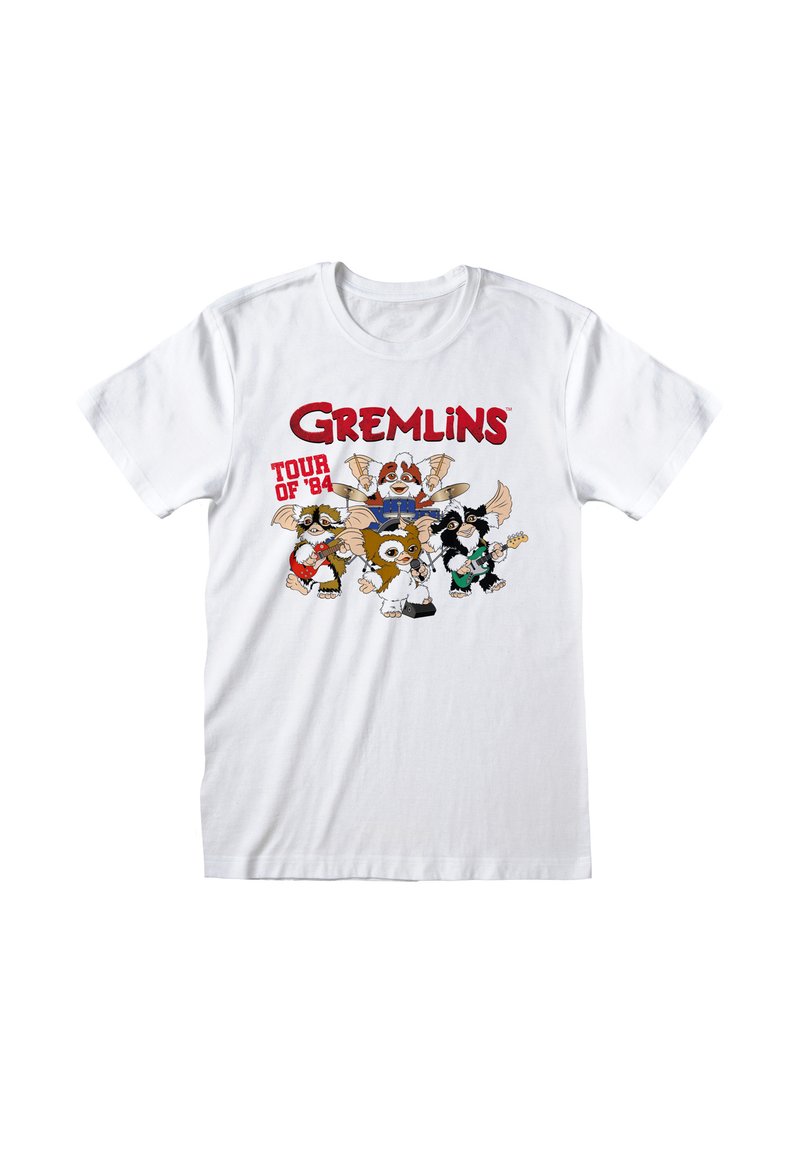 Weißes Baumwoll-T-Shirt mit einem bunten Grafikdesign, das cartoonartige Gremlins zeigt. Der Text enthält "Gremlins" und "Tour von '84" in fetten roten Buchstaben.
