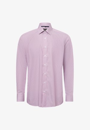 Langärmliges Hemd in hellem Rosa mit feinen weißen Streifen, mit Kragen und weißen Knöpfen vorne. Glatte Stoffstruktur.