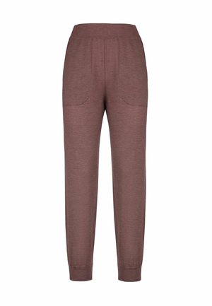 Pantalon marron à taille haute et coupe fuselée, avec ceinture élastique, poches avant et ourlets retroussés, présenté sur fond blanc.