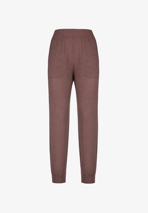 Pantalon marron à taille haute et coupe fuselée, avec ceinture élastique, poches avant et ourlets retroussés, présenté sur fond blanc.