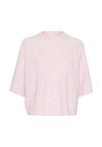 Różowy sweter z krótkim rękawem, okrągłym dekoltem i teksturowanym wzorem liści; miękki materiał, luźny krój i lekko skrócony design.