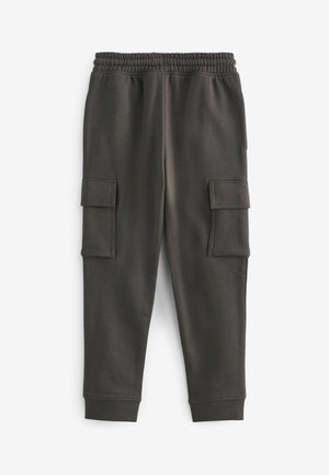 Dunkelgraue Cargo-Hosen mit einem elastischen Taillenbund, zwei Seitentaschen und gerippten Bündchen an den Knöcheln. Hergestellt aus einem weichen, glatten Material.