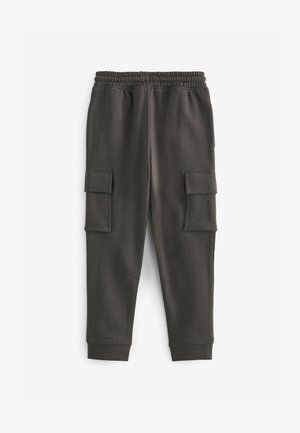 Tamno sivi cargo hlače s elastičnim pojasom, dva bočna džepa i rebrastim manžetama na gležnjevima. Izrađene od mekanog, glatkog materijala.