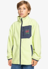 Giacca in pile verde lime con tasca sul petto grigia, chiusura con zip e dettagli a ricamo multicolore. Tessuto morbido e vestibilità comoda.