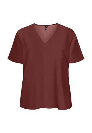 Dámská halenka s krátkými rukávy a výstřihem do V v jednobarevné tmavě červené barvě, s volným střihem a hladkou texturou látky.