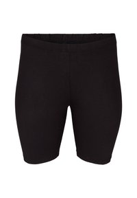 Black cotton shorts with an elastic waistband, featuring a smooth texture and fitted design, approximately mid-thigh in length.