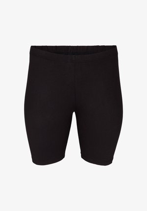 Svarta bomullsshorts med resårmidja, som har en slät yta och en åtsittande design, cirka midtlårslängd.