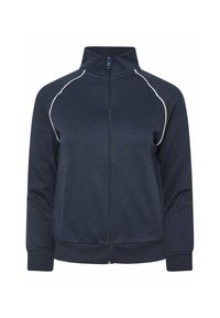 Chaqueta deportiva azul marino con cremallera, cuello alto, ribetes blancos a lo largo de las mangas raglán, puños acanalados y dos bolsillos delanteros.