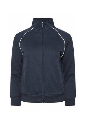 Marineblaue Trainingsjacke mit Reißverschluss und Stehkragen, weiße Paspeln entlang der Raglanärmel, gerippte Bündchen und zwei Fronttaschen.