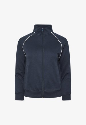 Marineblaue Trainingsjacke mit Reißverschluss und Stehkragen, weiße Paspeln entlang der Raglanärmel, gerippte Bündchen und zwei Fronttaschen.