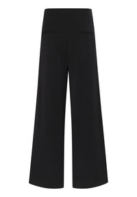 Pantaloni neri a gamba larga realizzati in un tessuto morbido, con vita alta e due tasche posteriori con cuciture discrete.