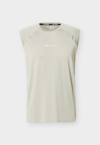 Αθλητική αμάνικη μπλούζα σε ανοιχτό μπεζ χρώμα με στρογγυλή λαιμόκοψη και μικρό λευκό λογότυπο Champion στο κέντρο του στήθους.