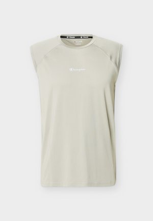 Maglietta sportiva beige chiaro senza maniche con scollo a girocollo e piccolo logo Champion bianco al centro del petto.