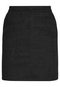 Gonna mini in suede nera con una texture liscia, vita aderente e orlo dritto. Caratterizzata da dettagli minimi che enfatizzano il tessuto e la forma.