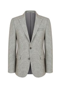 Jasnoszary żakiet wykonany z teksturowanego materiału, z dwoma guzikami, z klapami w kształcie notcha, dwoma przednimi kieszeniami oraz jedną kieszenią na piersi.