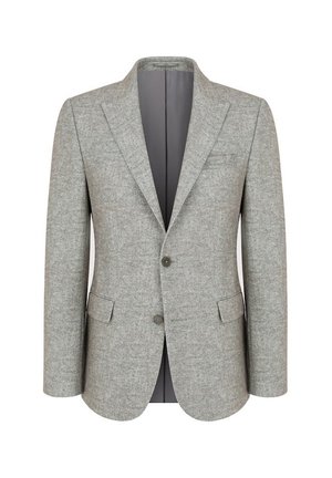 Jasnoszary żakiet wykonany z teksturowanego materiału, z dwoma guzikami, z klapami w kształcie notcha, dwoma przednimi kieszeniami oraz jedną kieszenią na piersi.