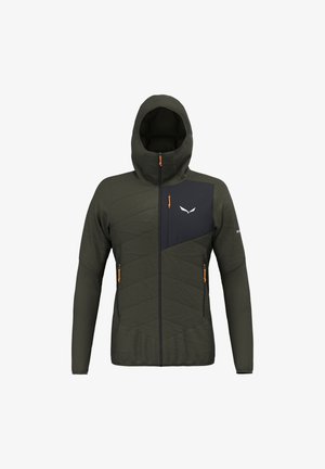 Sötétzöld kapucnis dzseki geometrikus varrással. Fekete mellpanellel, narancssárga cipzárhúzókkal és két elülső zsebből áll.