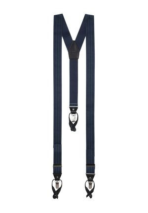 Tirantes azul marino con rayas verticales, con acentos de cuero y clips metálicos para sujeción. Textura suave en toda su superficie.
