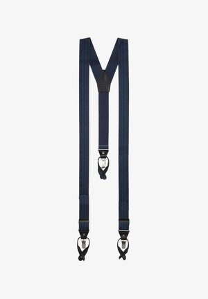 Tirantes azul marino con rayas verticales, con acentos de cuero y clips metálicos para sujeción. Textura suave en toda su superficie.
