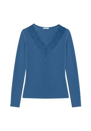 Haut à manches longues bleu avec un décolleté en V orné de dentelle. Tissu lisse, coupe ajustée et ourlet standard.