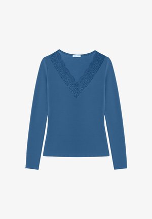 Blue long-sleeve top featuring a V-neckline with lace detailing. Smooth fabric, fitted shape, and standard hemline.