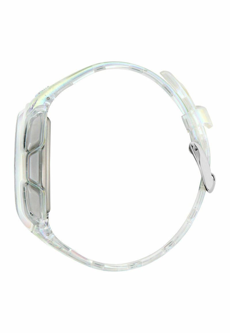 Cinturino per orologio in silicone trasparente con dettagli in argento, caratterizzato da una cassa rettangolare e bordi lisci e arrotondati.