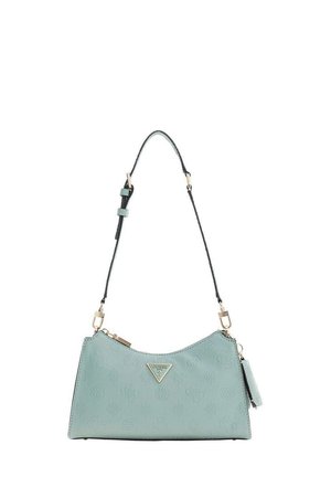 Sac à bandoulière Guess en cuir texturé bleu clair avec ferrures dorées, bandoulière noire réglable et fermeture éclair.