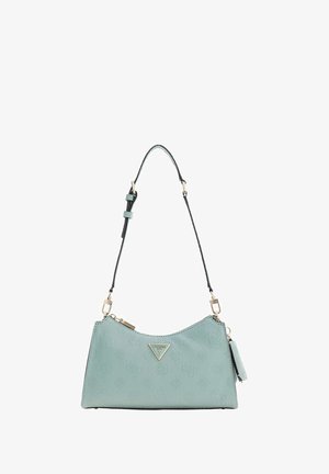 Sac à bandoulière Guess en cuir texturé bleu clair avec ferrures dorées, bandoulière noire réglable et fermeture éclair.